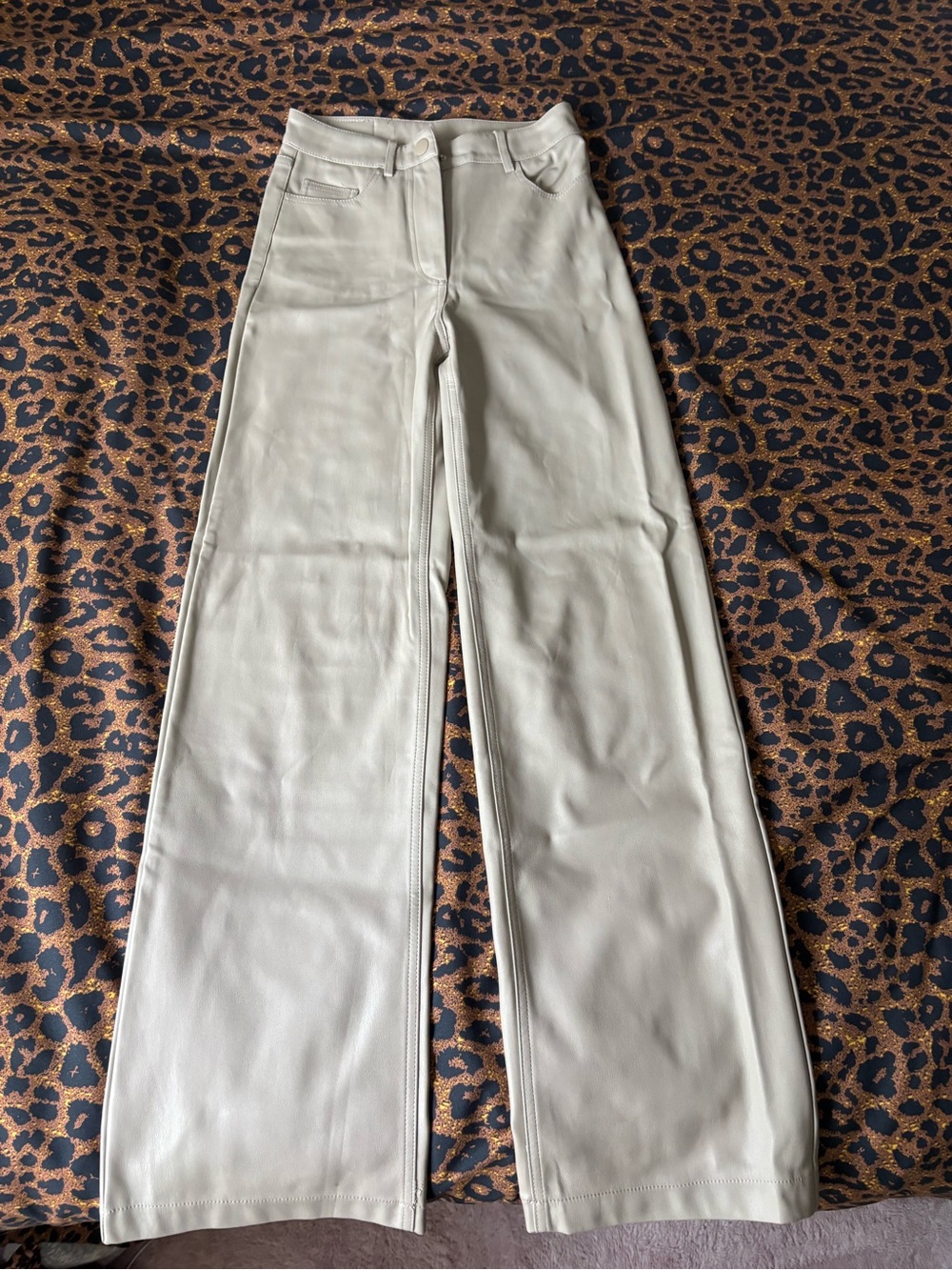 Wide Leg Faux Leather Pants in Light Beige